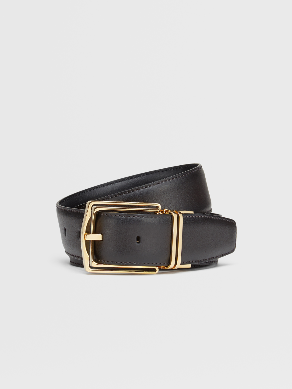 Dark Brown Hand-buffed Leather and Black Grained Leather Reversible Belt